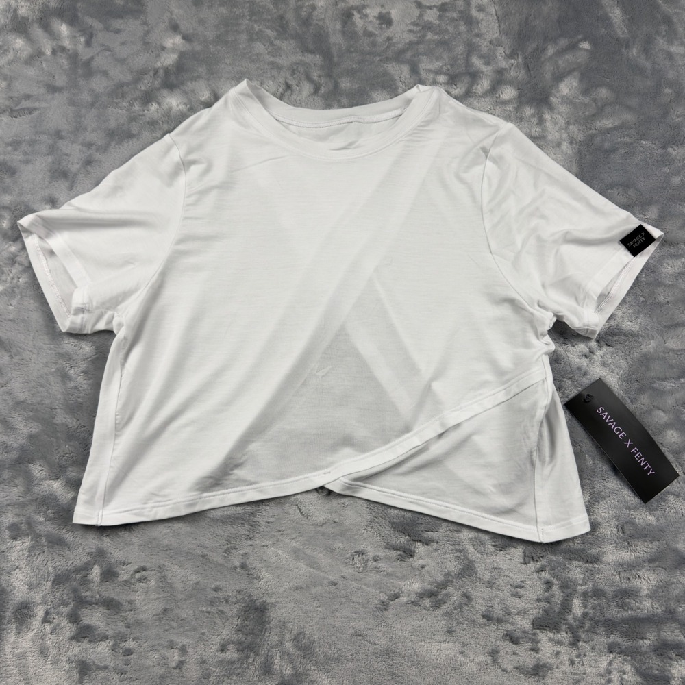 Savage X Fenty White Crossover Open Back Crop Top Short Sleeve Small NWT